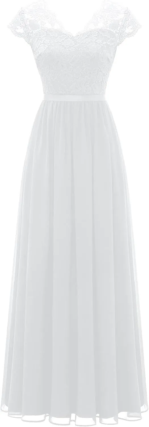 HGps8w Womens Lace Tulle A Line Evening Formal Dress - Elegant V Neck Maxi Long Bridesmaid Dresses Party Prom Gown