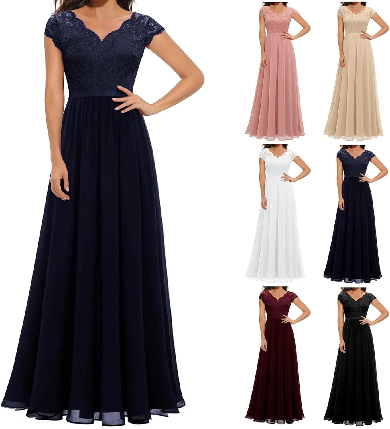 HGps8w Womens Lace Tulle A Line Evening Formal Dress - Elegant V Neck Maxi Long Bridesmaid Dresses Party Prom Gown