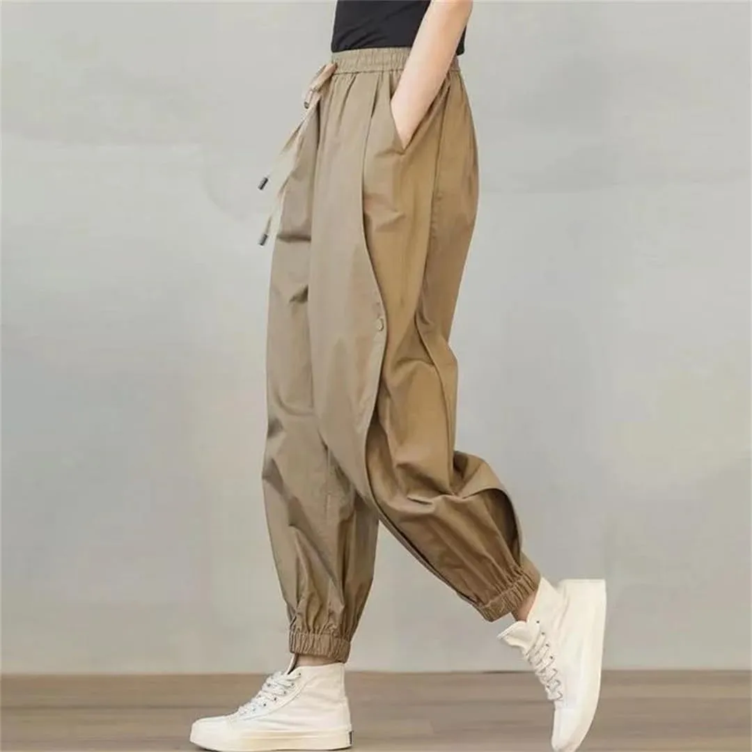 Hndudnff Women Solid Elastic Waist Harem Pants Casual High Waist Bloomers Buttons Loose Trouser