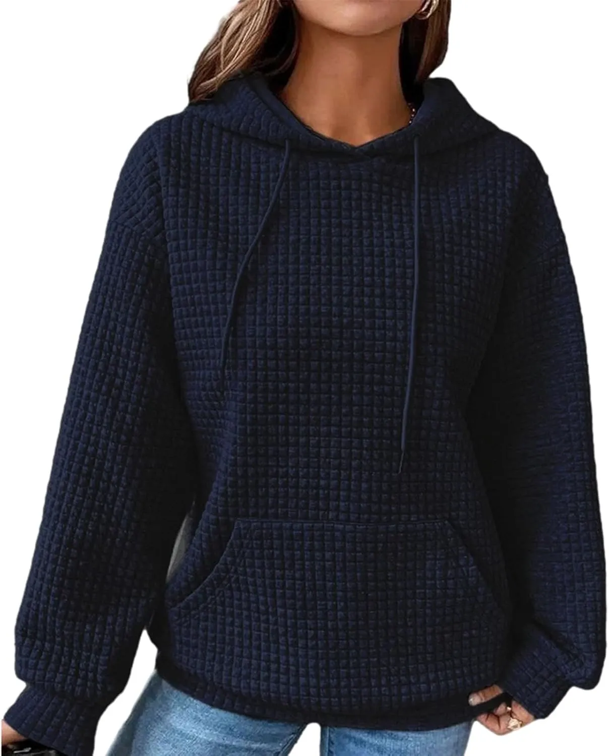 Honganda Women's Casual Oversized Hoodies Long Sleeve Plaid Jacquard Hooded Sweatshirt Pullover Tops with Kangaroo Pocket