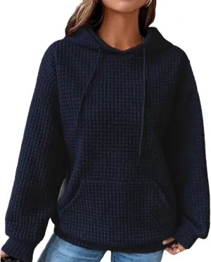 Honganda Women's Casual Oversized Hoodies Long Sleeve Plaid Jacquard Hooded Sweatshirt Pullover Tops with Kangaroo Pocket