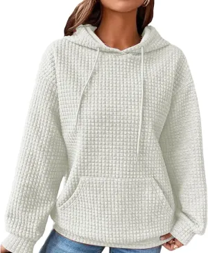 Honganda Women's Casual Oversized Hoodies Long Sleeve Plaid Jacquard Hooded Sweatshirt Pullover Tops with Kangaroo Pocket