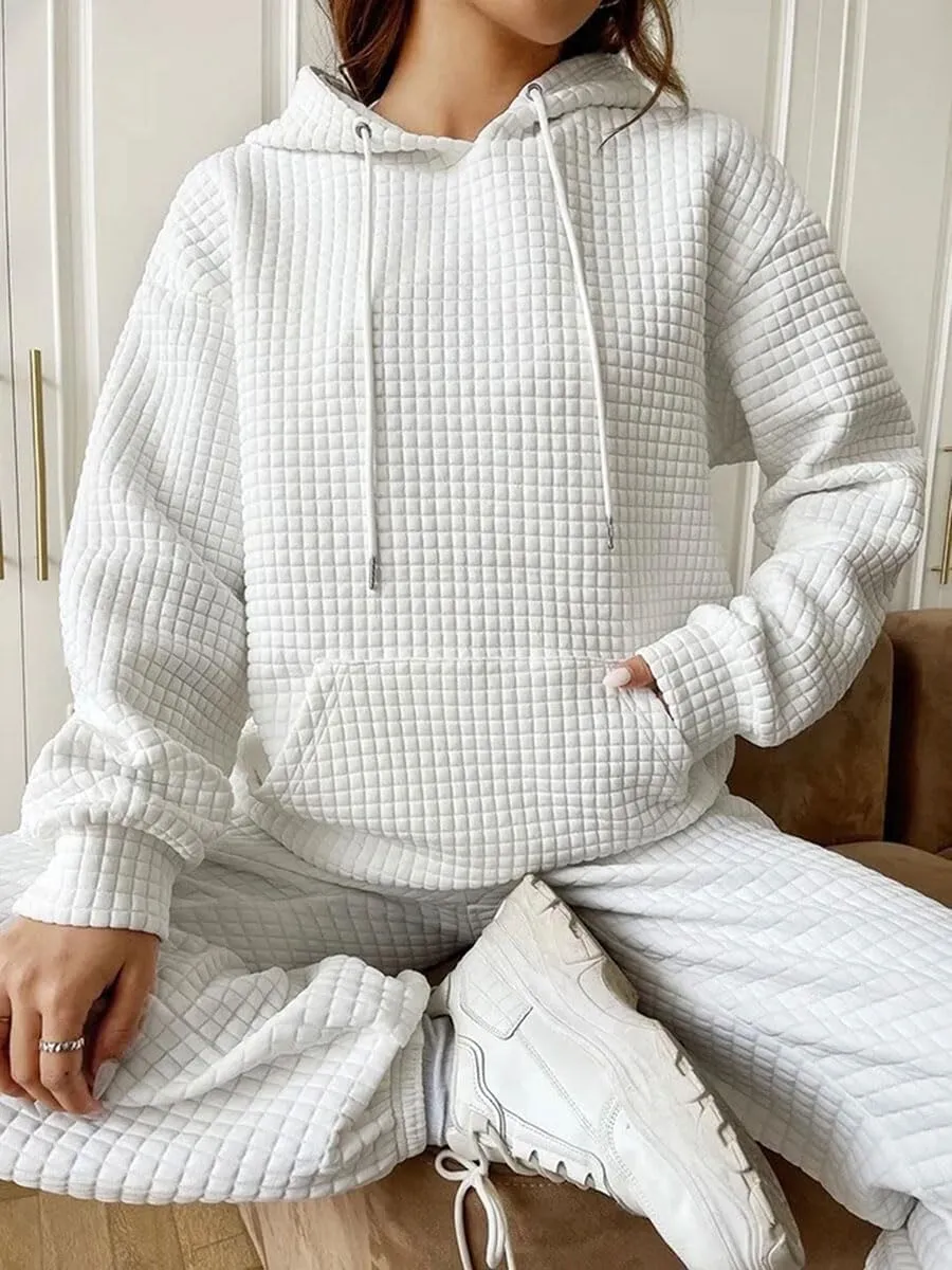 Honganda Women's Casual Oversized Hoodies Long Sleeve Plaid Jacquard Hooded Sweatshirt Pullover Tops with Kangaroo Pocket