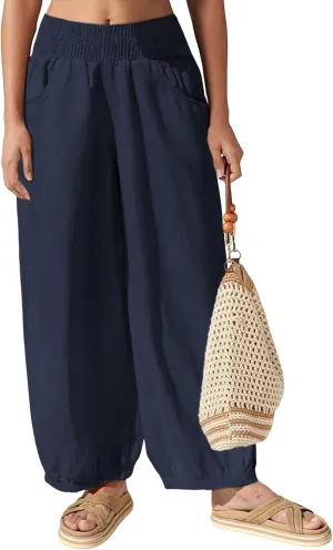Hooever Women's Cotton Linen Pants Summer High Waisted Wide Leg Palazzo Pant Flowy Beach Trousers