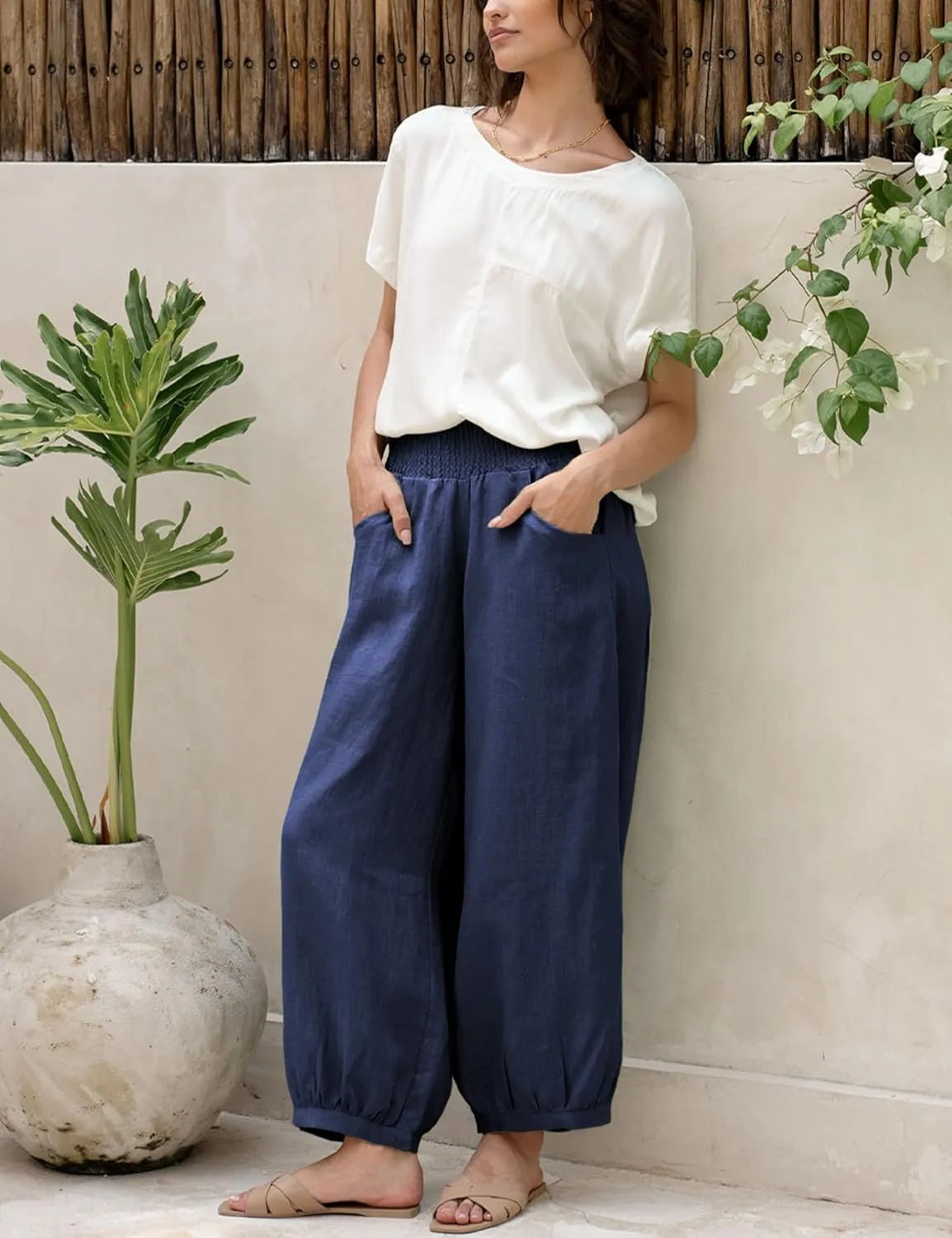 Hooever Women's Cotton Linen Pants Summer High Waisted Wide Leg Palazzo Pant Flowy Beach Trousers