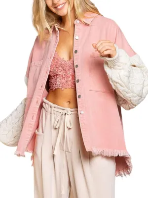 HOULENGS Women's Sweater Long Sleeve Denim Jacket Frayed Button Down Jean Coat with Pockets