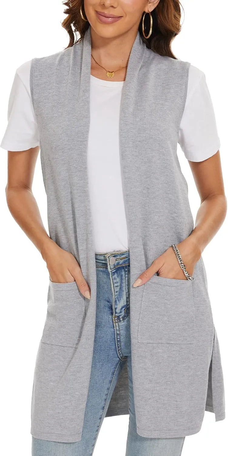 INKOFF Women's Long Knit Cardigan Vest Sleeveless Sweater Pockets Open Front Draped Duster Vest Casual