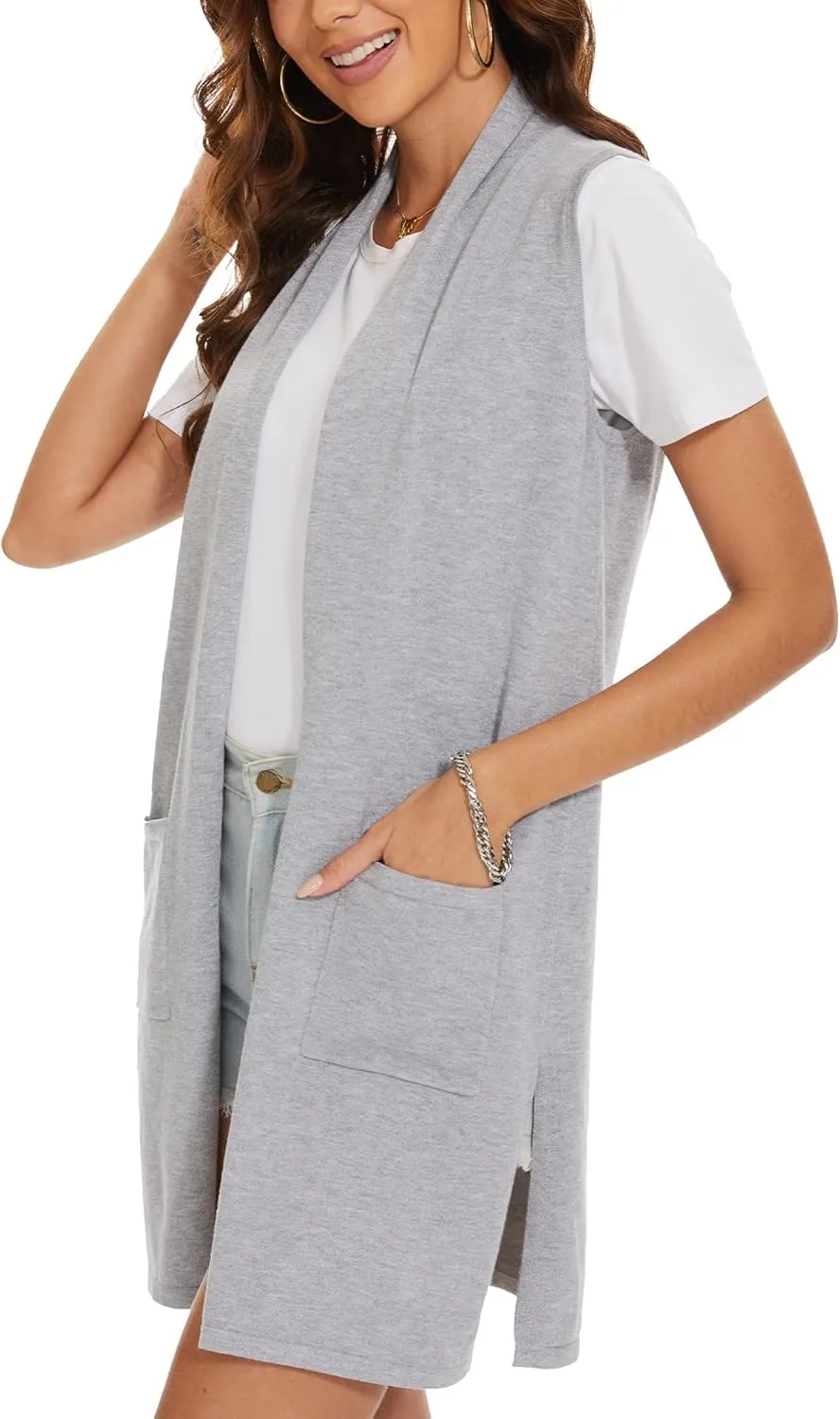 INKOFF Women's Long Knit Cardigan Vest Sleeveless Sweater Pockets Open Front Draped Duster Vest Casual