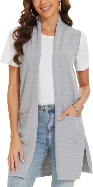 INKOFF Women's Long Knit Cardigan Vest Sleeveless Sweater Pockets Open Front Draped Duster Vest Casual