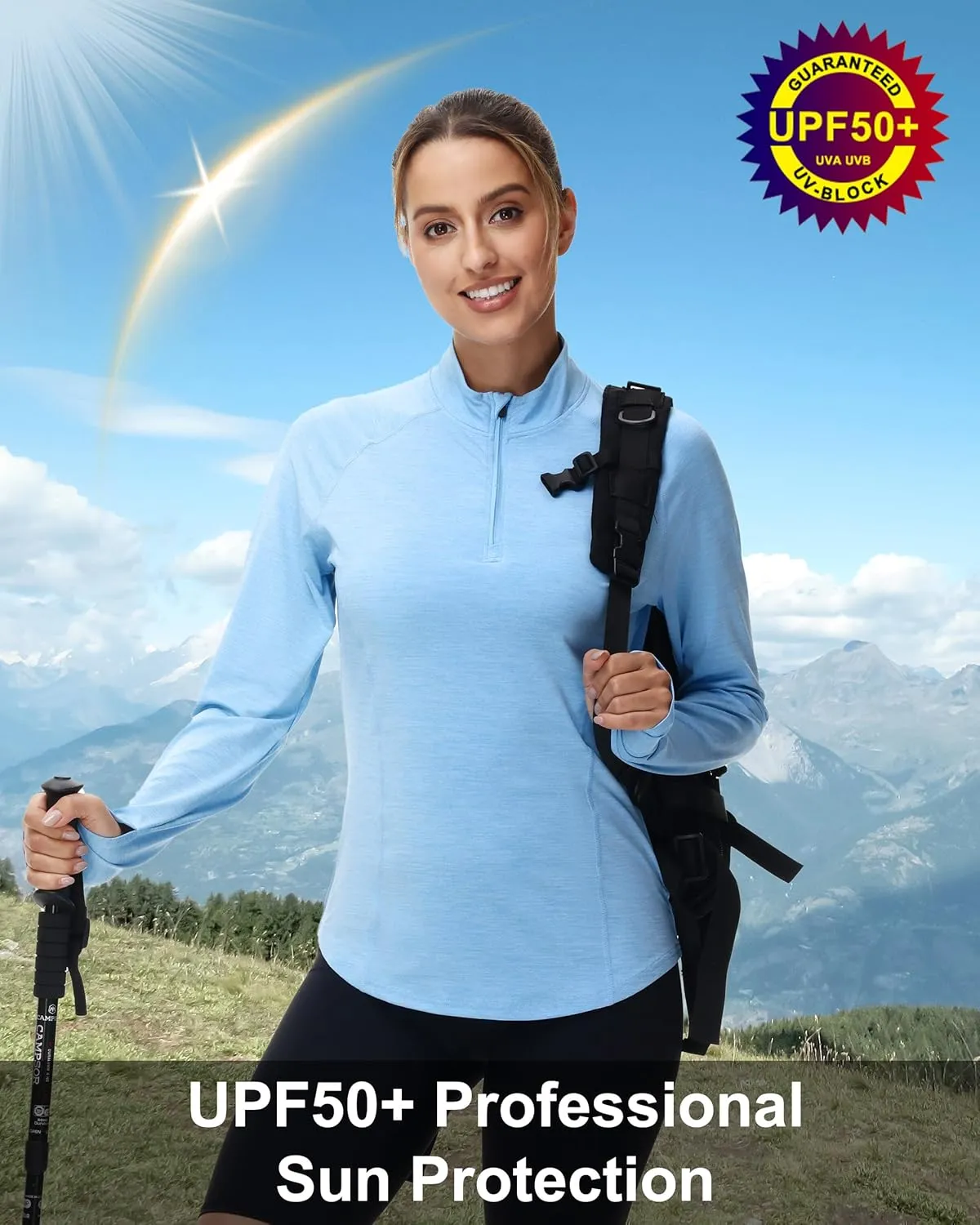isnowood Women's UPF 50  UV Long Sleeve Rash Guard, 1/4 Zip Sun Protection Swim Shirts, Quick Dry Athletic Workout Hiking Top