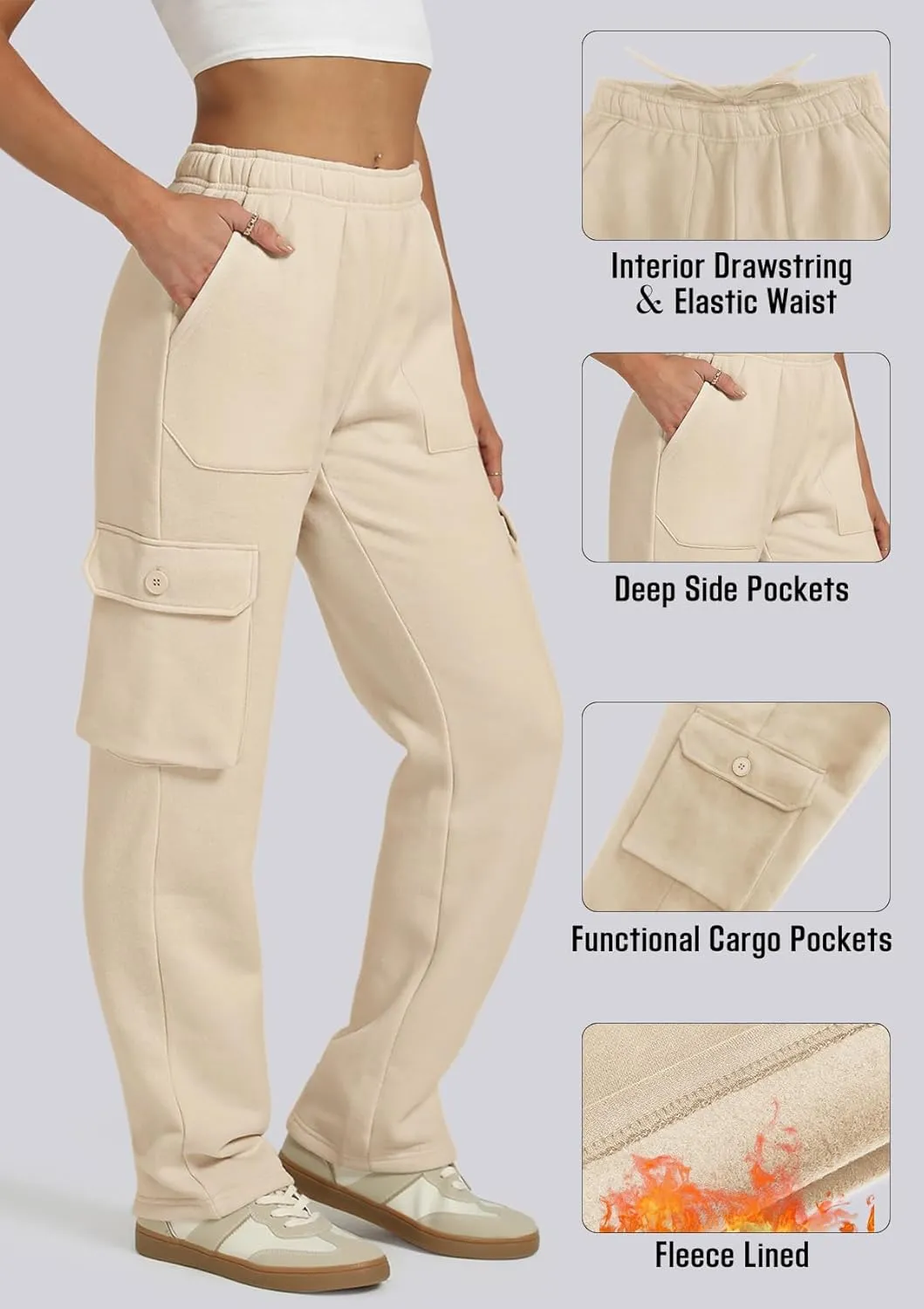 IVIR Womens Cargo Sweatpants Fleece Lined Wide Leg High Waisted Pants S-XXL