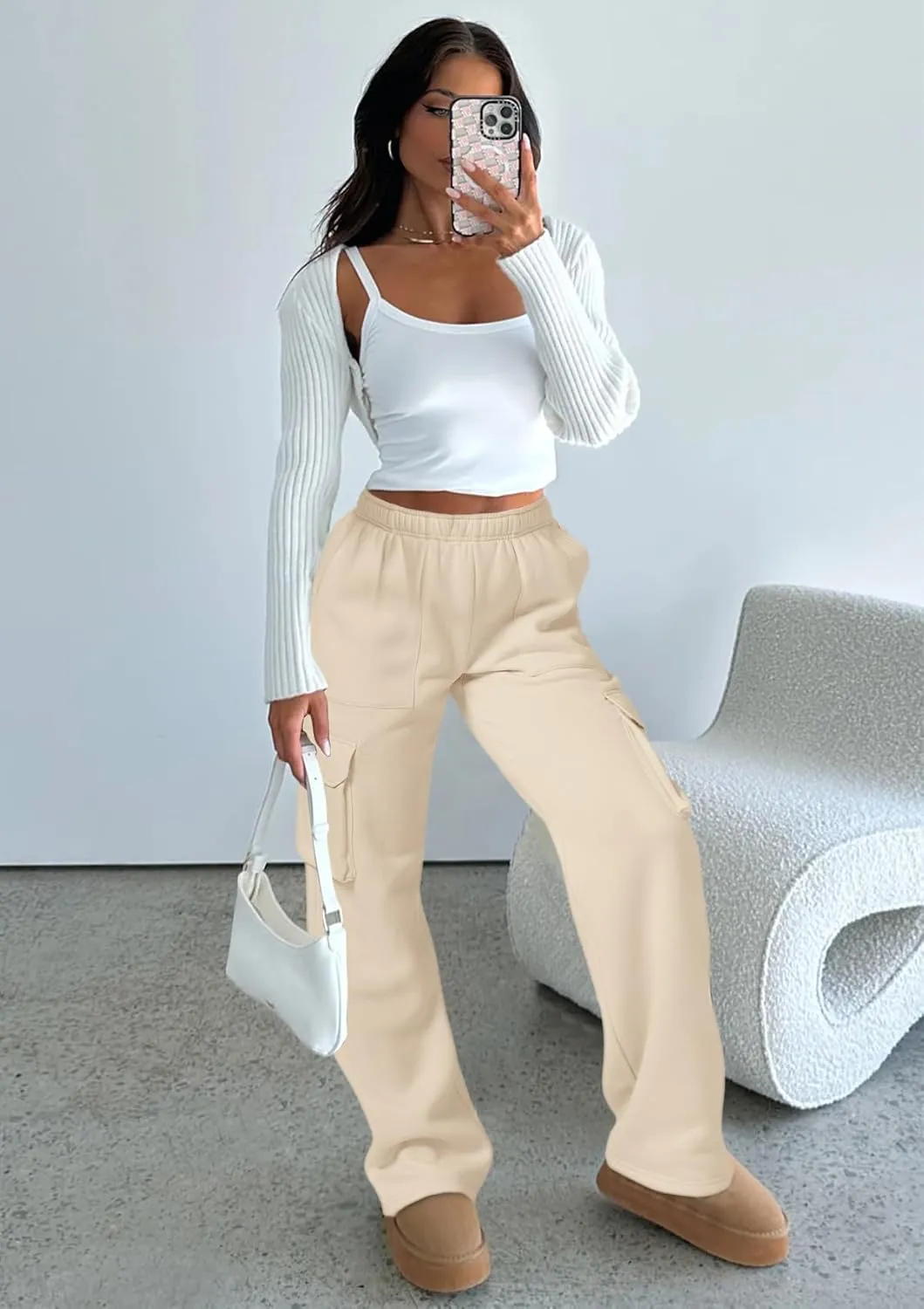 IVIR Womens Cargo Sweatpants Fleece Lined Wide Leg High Waisted Pants S-XXL