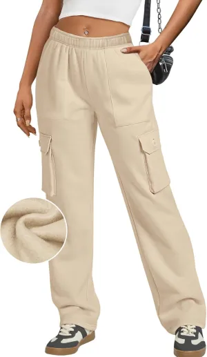 IVIR Womens Cargo Sweatpants Fleece Lined Wide Leg High Waisted Pants S-XXL
