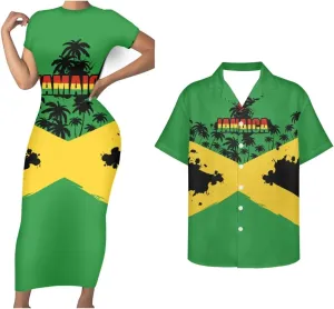 Jamaican 2 Piece Set Couple Outfits Women Jamaica Flag Short Sleeve Skinny Slim Dress Men's Shirt