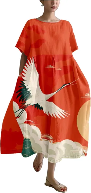 Japanese Art Womens Boho Summer Dresses Oversized Loose T Shirt Dress Elegant Crew Neck Short Sleeve Midi Dress