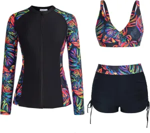 JASAMBAC Women 3 Piece Rash Guard Long Sleeve Zip Up Swimsuits with Boyshort UV UPF 50  Swim Shirt Built in Bra