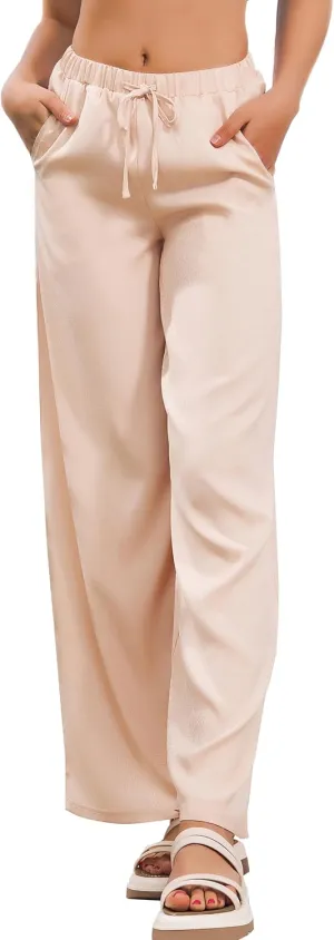 JK SUE JONES Linen Pants Women Summer Wide Leg Flowy Beach Satin Palazzo Pants Loose Casual Lounge Trousers