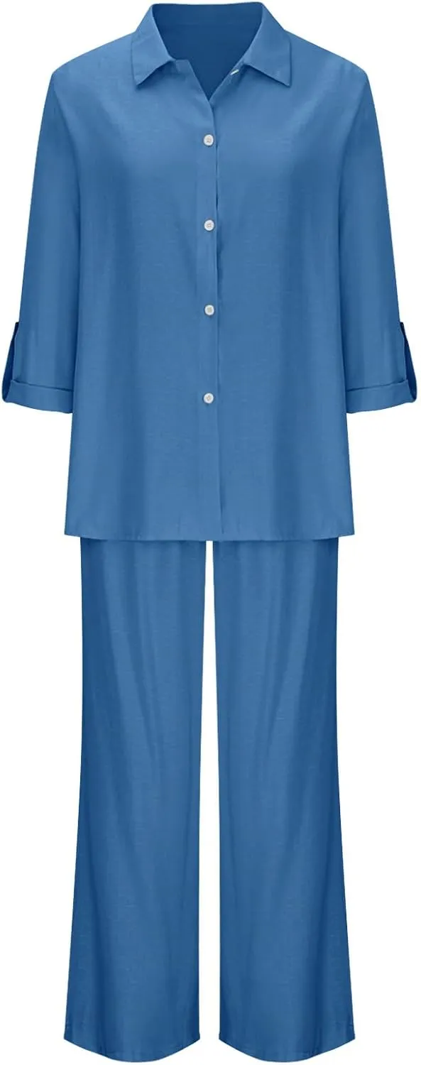 JOAU Plus Size Cotton Linen 2 Piece for Women Casual Lounge Long Sleeve Button Down Shirts and Wide Leg Pants Sets Tracksuit