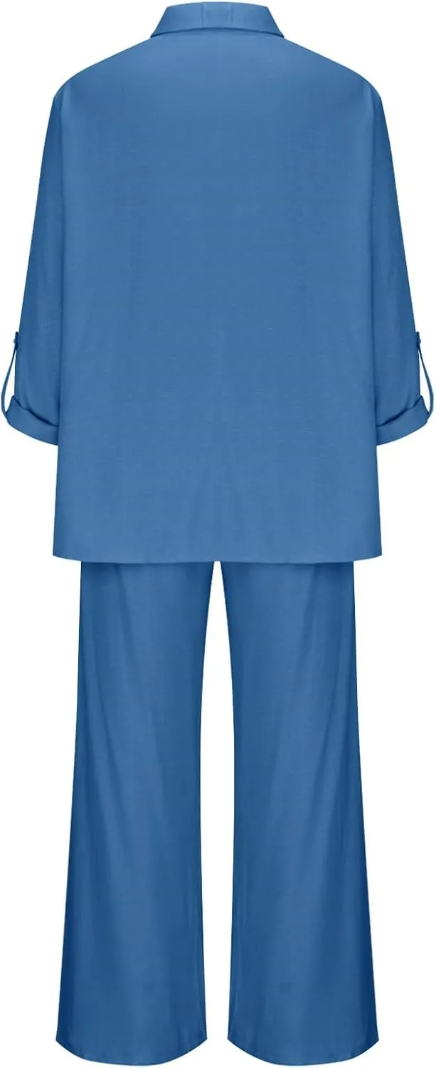 JOAU Plus Size Cotton Linen 2 Piece for Women Casual Lounge Long Sleeve Button Down Shirts and Wide Leg Pants Sets Tracksuit