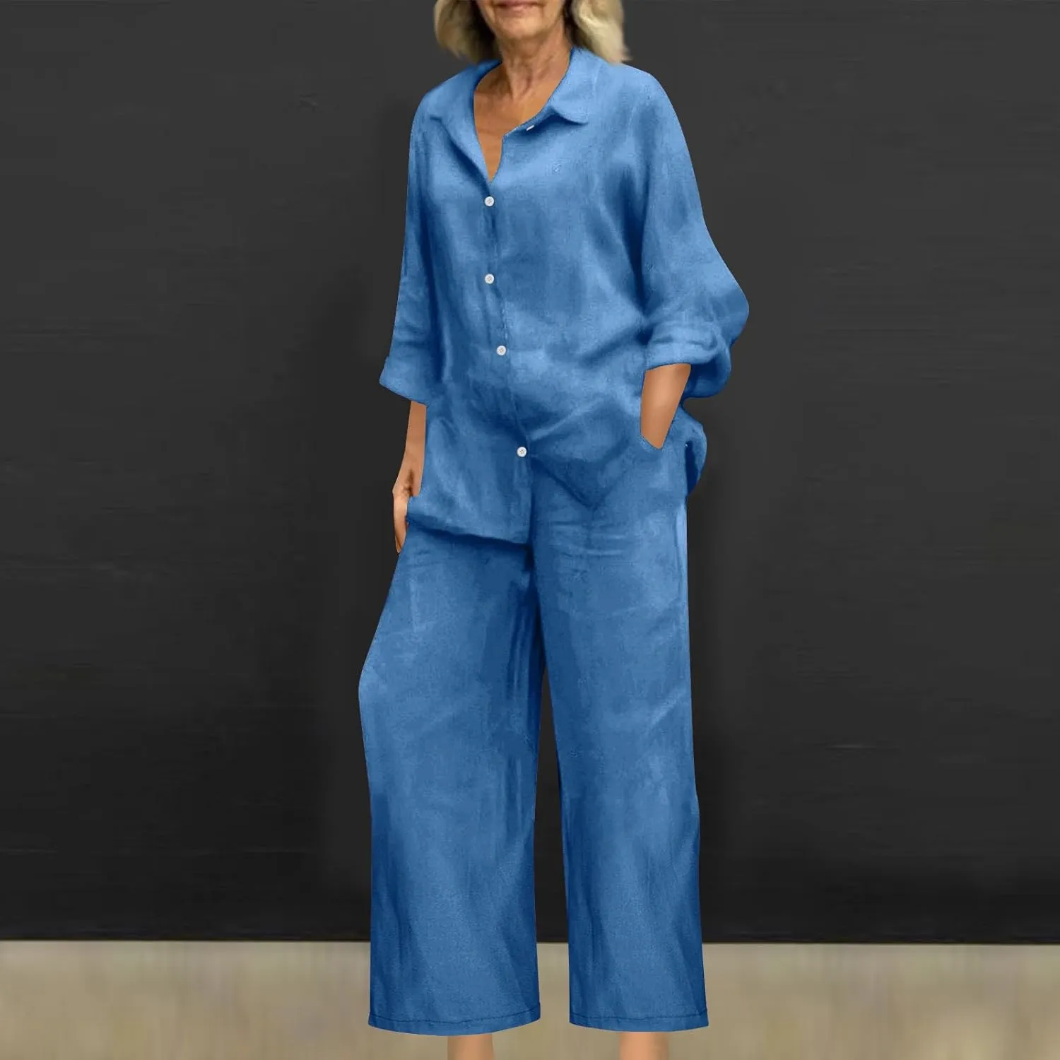 JOAU Plus Size Cotton Linen 2 Piece for Women Casual Lounge Long Sleeve Button Down Shirts and Wide Leg Pants Sets Tracksuit