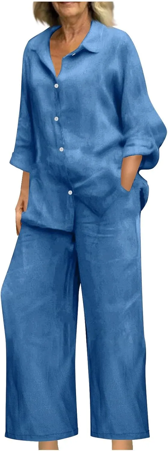 JOAU Plus Size Cotton Linen 2 Piece for Women Casual Lounge Long Sleeve Button Down Shirts and Wide Leg Pants Sets Tracksuit