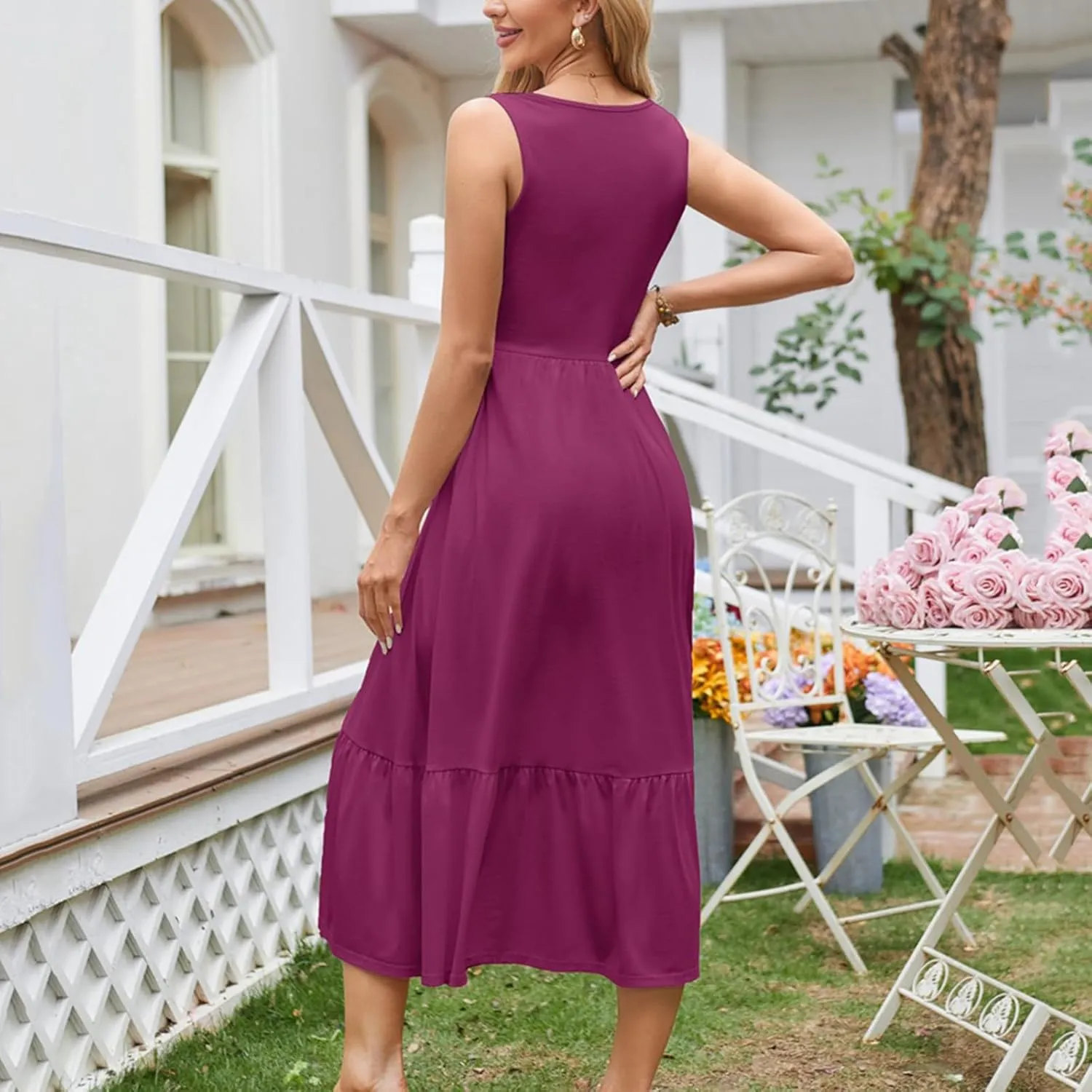 JOAU Womens Summer Casual Crew Neck A Line Mini Tank Dress Flowy Sleeveless Ruffle Hem Sundresses Beach Vacation Outfits