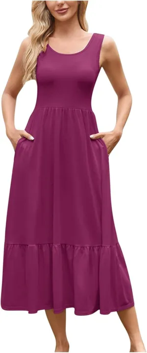 JOAU Womens Summer Casual Crew Neck A Line Mini Tank Dress Flowy Sleeveless Ruffle Hem Sundresses Beach Vacation Outfits
