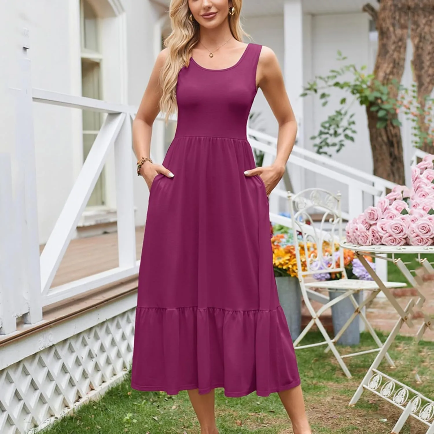 JOAU Womens Summer Casual Crew Neck A Line Mini Tank Dress Flowy Sleeveless Ruffle Hem Sundresses Beach Vacation Outfits