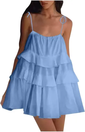 JOAU Women's Tie Spaghetti Straps Backless Tiered Ruffle Flowy Mini Dress A Line Layered Sleeveless Babydoll Cami Short Dress