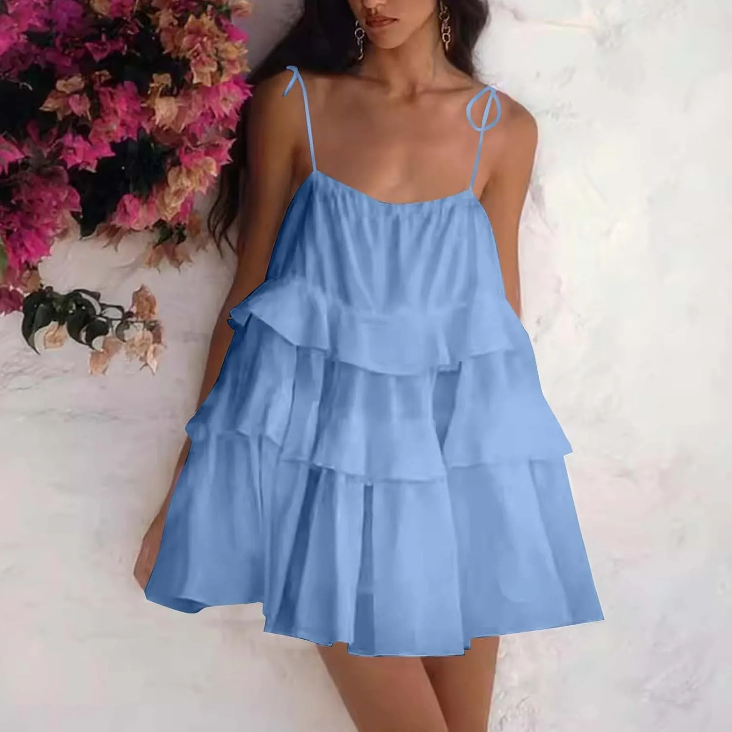 JOAU Women's Tie Spaghetti Straps Backless Tiered Ruffle Flowy Mini Dress A Line Layered Sleeveless Babydoll Cami Short Dress