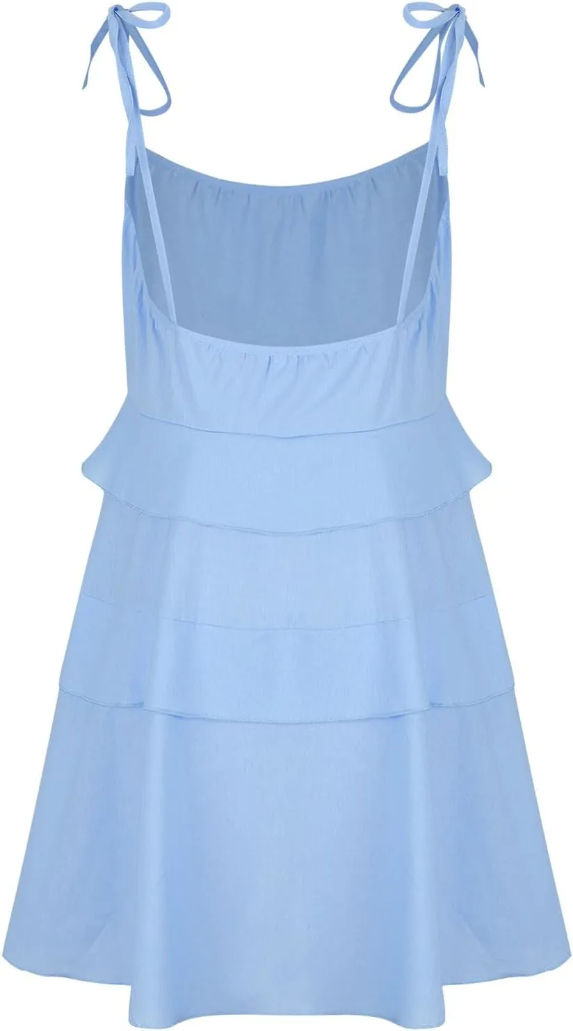 JOAU Women's Tie Spaghetti Straps Backless Tiered Ruffle Flowy Mini Dress A Line Layered Sleeveless Babydoll Cami Short Dress