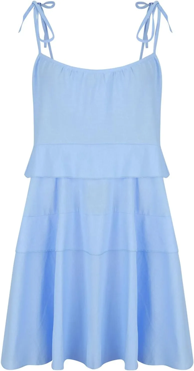 JOAU Women's Tie Spaghetti Straps Backless Tiered Ruffle Flowy Mini Dress A Line Layered Sleeveless Babydoll Cami Short Dress
