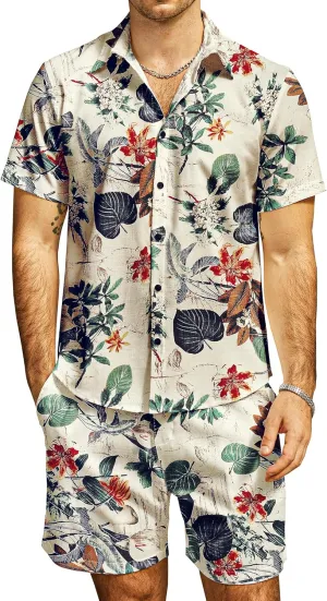 JOGAL Men's Flower Casual Button Down Short Sleeve Hawaiian Shirt Suits