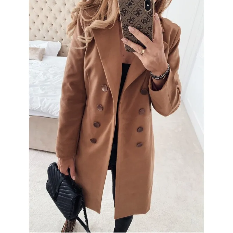 Joskaa Christmas Gift Leosoxs Autumn Winter New Fashion Lapel Long Sleeve Women's Jackets Casual Slim Solid Double Breasted Ladies Long Jackets Coats