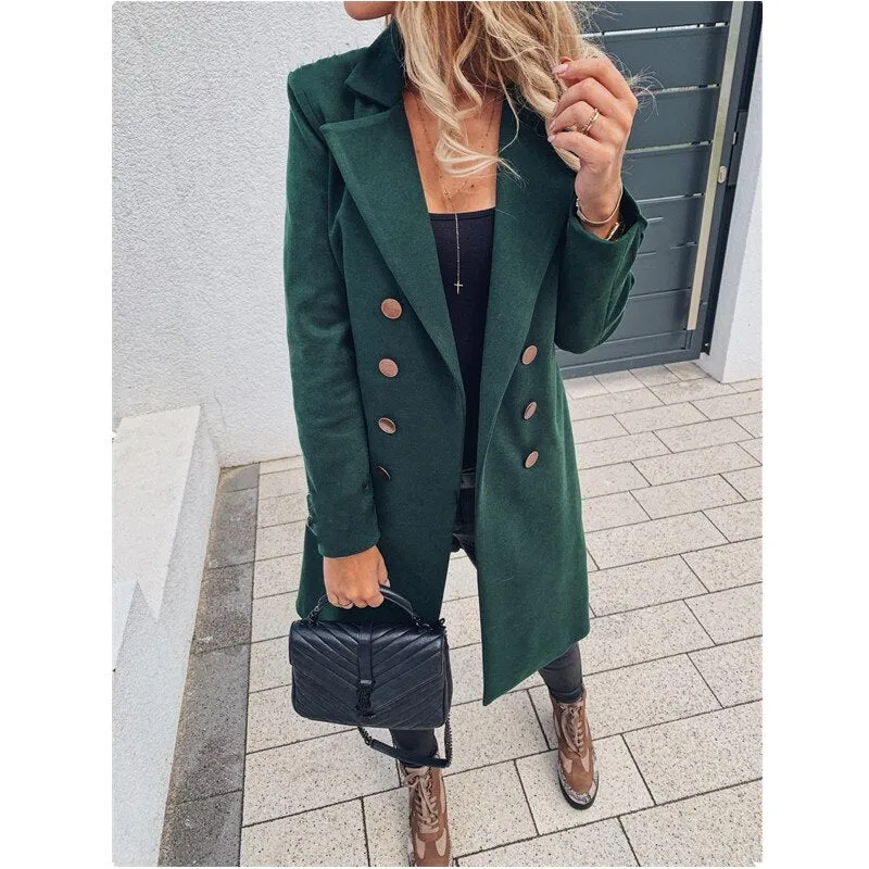 Joskaa Christmas Gift Leosoxs Autumn Winter New Fashion Lapel Long Sleeve Women's Jackets Casual Slim Solid Double Breasted Ladies Long Jackets Coats