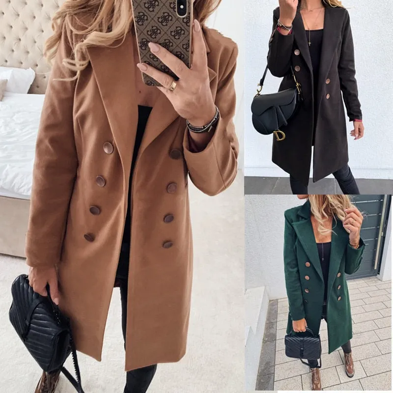 Joskaa Christmas Gift Leosoxs Autumn Winter New Fashion Lapel Long Sleeve Women's Jackets Casual Slim Solid Double Breasted Ladies Long Jackets Coats