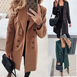 Joskaa Christmas Gift Leosoxs Autumn Winter New Fashion Lapel Long Sleeve Women's Jackets Casual Slim Solid Double Breasted Ladies Long Jackets Coats