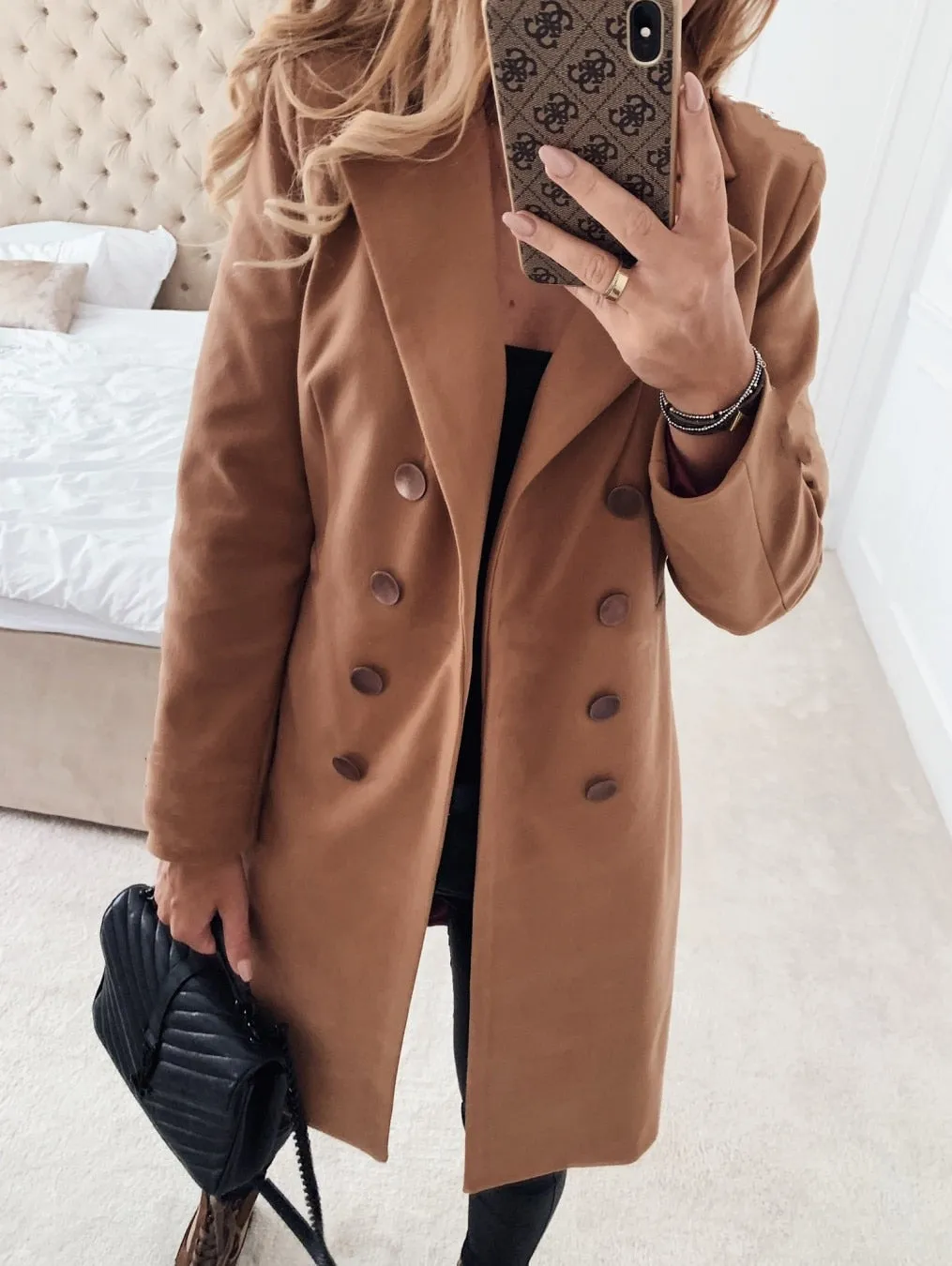 Joskaa Christmas Gift Leosoxs Autumn Winter New Fashion Lapel Long Sleeve Women's Jackets Casual Slim Solid Double Breasted Ladies Long Jackets Coats