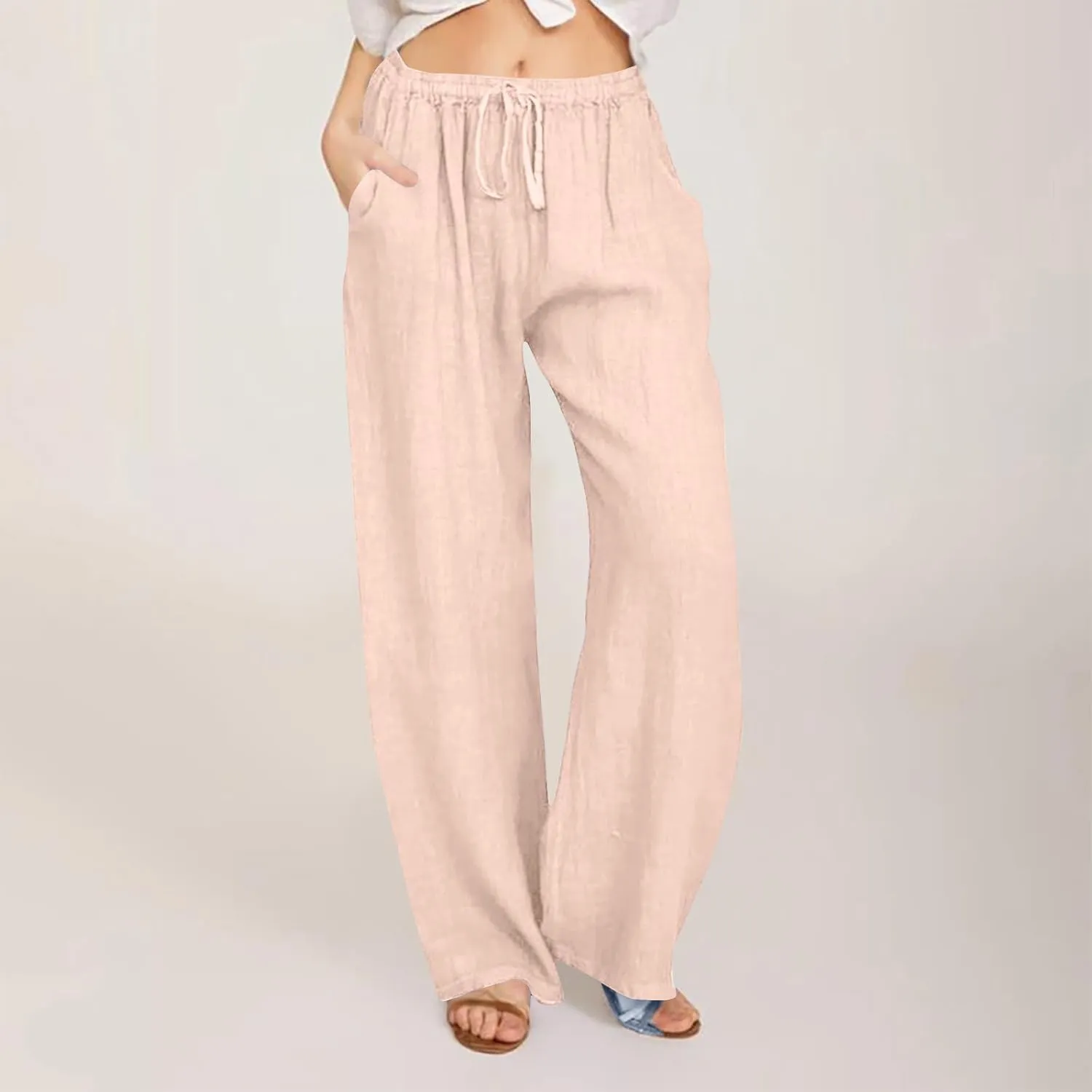 jsaierl Women Linen Wide Leg Pants Summer Loose Flowy Palazzo Pants Drawstring High Waisted Beach Pants Trousers with Pockets