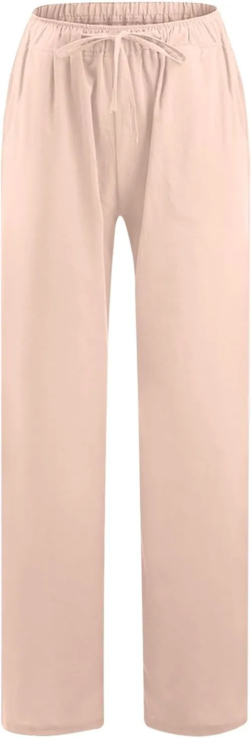 jsaierl Women Linen Wide Leg Pants Summer Loose Flowy Palazzo Pants Drawstring High Waisted Beach Pants Trousers with Pockets