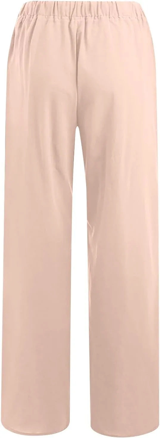jsaierl Women Linen Wide Leg Pants Summer Loose Flowy Palazzo Pants Drawstring High Waisted Beach Pants Trousers with Pockets