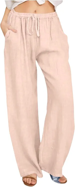 jsaierl Women Linen Wide Leg Pants Summer Loose Flowy Palazzo Pants Drawstring High Waisted Beach Pants Trousers with Pockets
