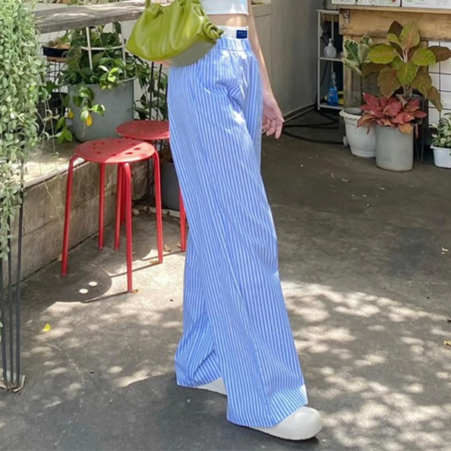 Karwuiio Women Y2k Striped Linen Boxer Pants High Waist Wide Leg Lounge Trousers Fashion Casual Pants Streetwear
