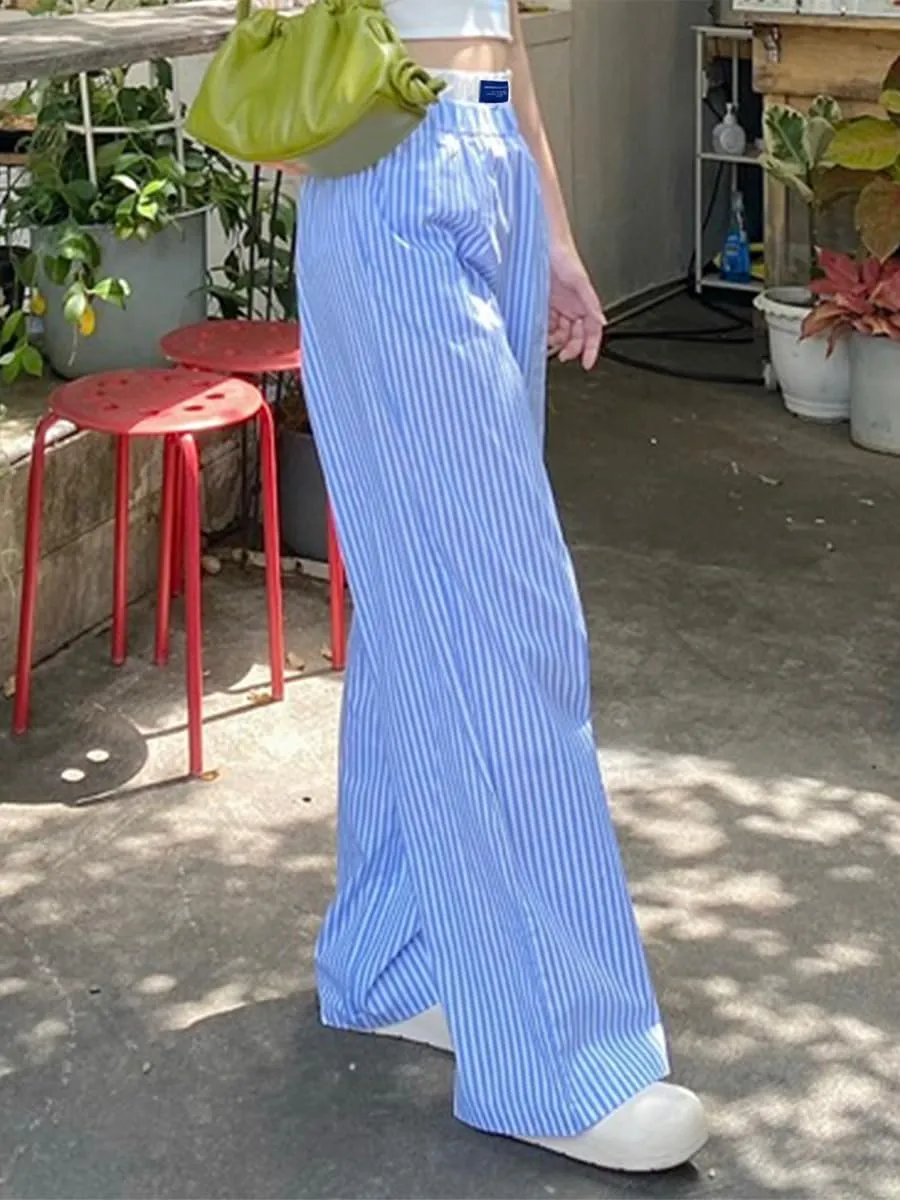 Karwuiio Women Y2k Striped Linen Boxer Pants High Waist Wide Leg Lounge Trousers Fashion Casual Pants Streetwear