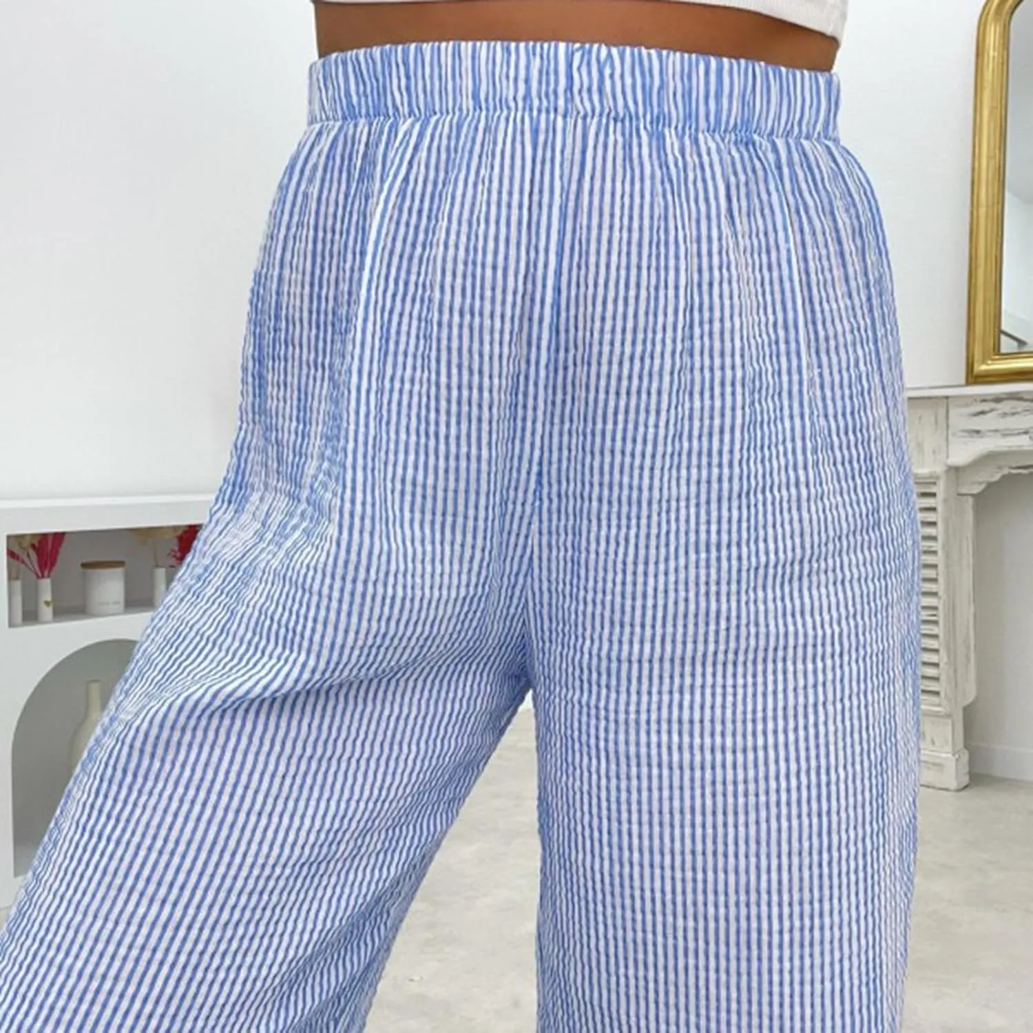 Karwuiio Women Y2k Striped Linen Boxer Pants High Waist Wide Leg Lounge Trousers Fashion Casual Pants Streetwear
