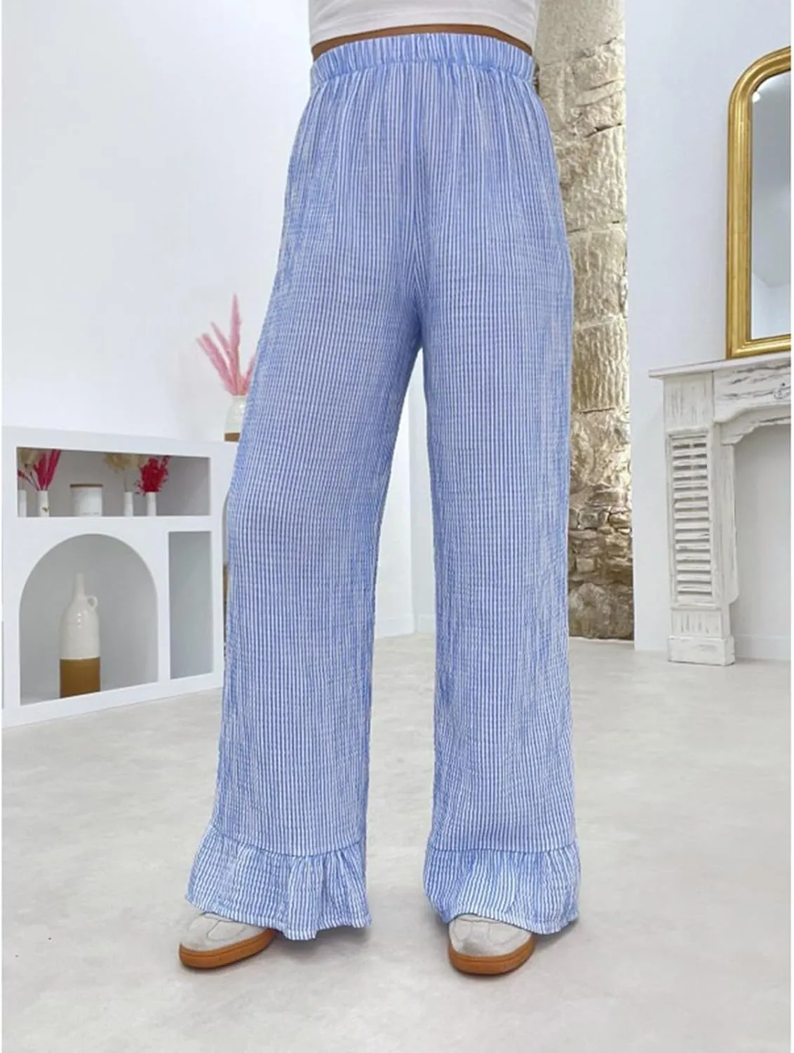 Karwuiio Women Y2k Striped Linen Boxer Pants High Waist Wide Leg Lounge Trousers Fashion Casual Pants Streetwear