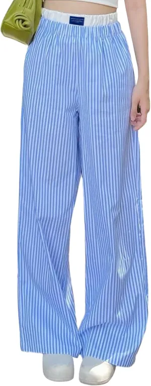Karwuiio Women Y2k Striped Linen Boxer Pants High Waist Wide Leg Lounge Trousers Fashion Casual Pants Streetwear