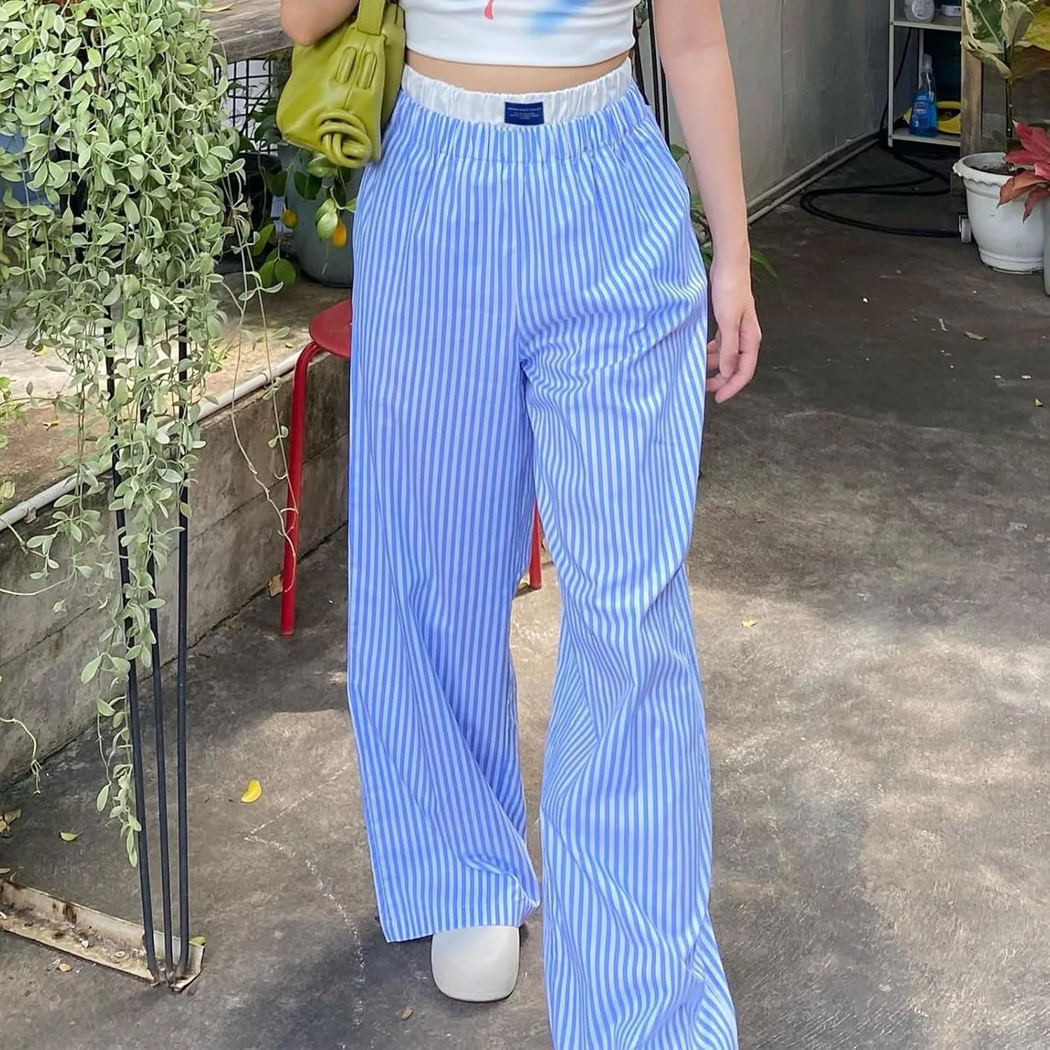 Karwuiio Women Y2k Striped Linen Boxer Pants High Waist Wide Leg Lounge Trousers Fashion Casual Pants Streetwear
