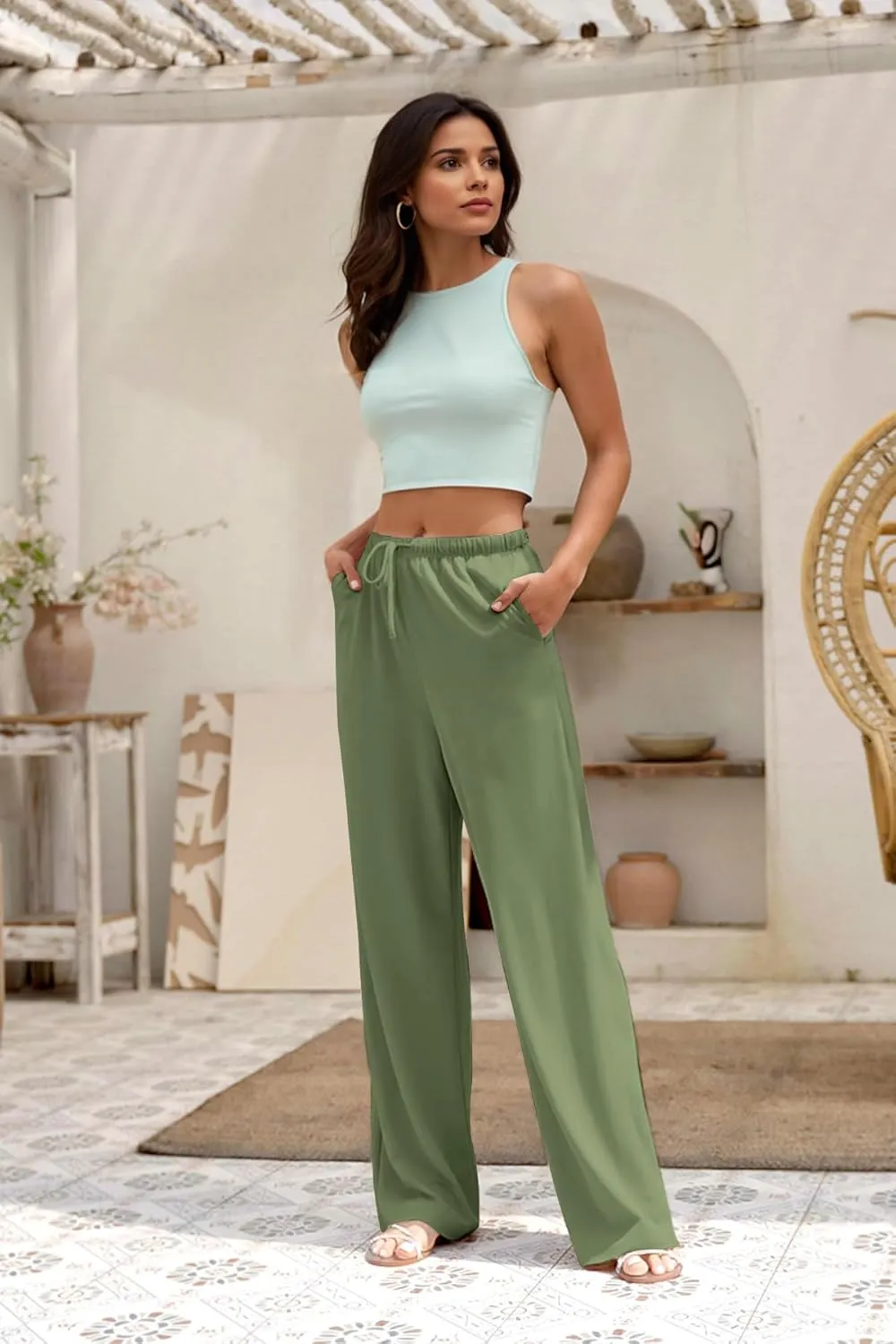 keriffe Women's Wide Leg Casual Palazzo Pants High Waist Summer Flowy Beach Pants Dress Trousers with Pocekts