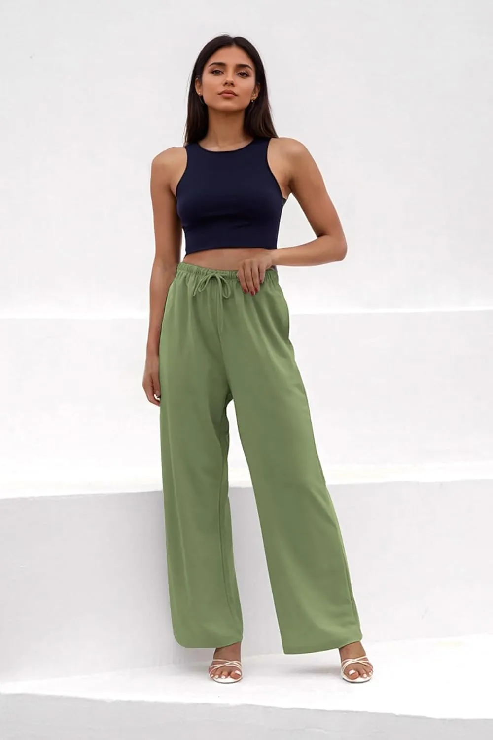 keriffe Women's Wide Leg Casual Palazzo Pants High Waist Summer Flowy Beach Pants Dress Trousers with Pocekts